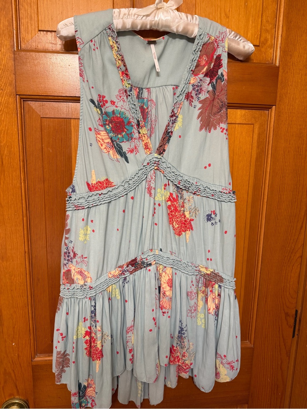 Free People Light Blue Floral Tiered Mini Dress with Multicolor Blooms